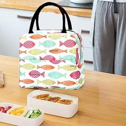 Insulated Lunch Bag, Travel Lunch Storage Bag for Office, College & School, Tiffin Bag, Food Picnic Lunch Bags for Kids, Lunch Bag for Women, Girls, Mens, Tote Bags (Cream Multi Fish)-image-19