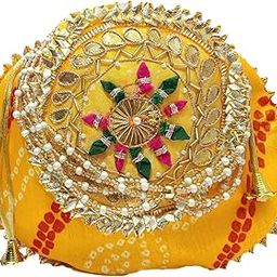 Jaipuri Bandhej zarigota Yellow Potli Bag Bridal Purse Women handbag Shagun Pouch Return Gifts for women Handbag Potli Multicolored-image-20