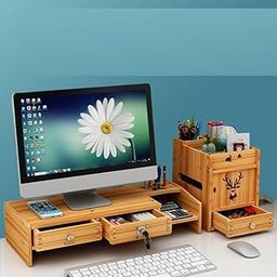 Ketumal Multi-Functional Wooden Monitor Stand with Separate Storage Shelf for Office,Gaming,Home & Study,Lockable Drawer,Pen & Pencil Slot,Beer Tissue Storage Box,Office Desk Organizer-23