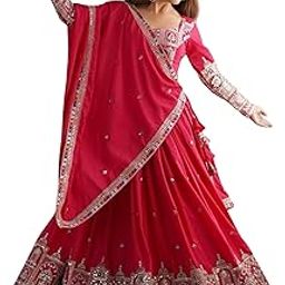 Women's Heavy Embroidered Work Round Neck Chinon Silk Fabric Lehenga Choli with Lace Dupatta Set for Wedding Festival & Traditional Functions-picture-36