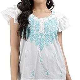 Women's Embroidered Regular Fit Cotton Top (White, Small)-image-83
