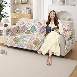 HOKIPO Polyester 3 Seater Quilted Sofa Cover with Pockets, Quatrefoil Multicolor (NEW-742-D5)-7