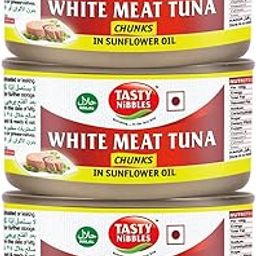 Tasty Nibbles White Meat Tuna Chunks in Sunflower Oil 185g X 3 (Pack of 3, 555g)-image-88