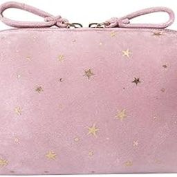BLUE BEADS Star Print Mini Cosmetic Velvet Makeup Pouch Portable Toiletry Bag for Women and Girls 14 x 10 x 6 cm (Pink) Large-image-46