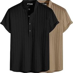 Combo of Men's Polyster Kurta with Mandarin Collar, Half Placket Buttons, Front Pocket | Half Sleeves | Soft & Breathable Fabric | Pack of 2-image-74