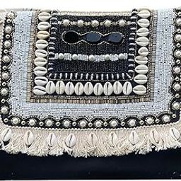 Black Boho Clutch Bag for Women – Handcrafted Beaded & Shell Embellished Fringe Purse | Ethnic Statement Bag for Weddings & Festive Looks-image-57