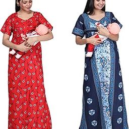 Feeding Nighty Combo of 2 Pieces in Cotton with 3 zips, First Zip on Neck Other 2 zips on Front for Feeding Purpose Maternity Nighty Cotton Feeding Nighty Combo-image-102