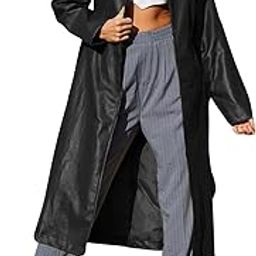 Women's Casual Lapel Open Front Pu Faux Leather Long Trench Coat with Belt-29