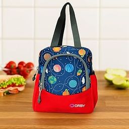 ORBY Lunch Bag with Front Pocket & Bottle Holder | Water-Repellent, Durable Zipper & Stiching | Spacious Tiffin & Multipurpose Storage Bag (Red, Planet Pattern)-24