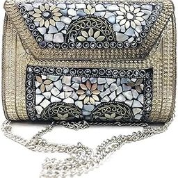 Antique Indian art Handmade Stone mosaic metal bag Women/Girls Bridal metal clutch party sling bag-image-40