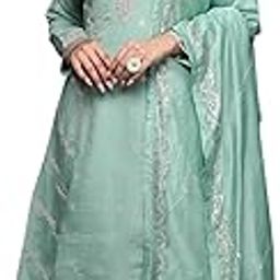 Sea green silk blend embroidered A-line kurta with sea green silk blend trouser and with dupatta-image-30