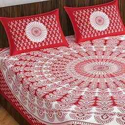 100% Cotton Rajasthani Jaipuri Traditional Floral King Size Double Bedsheet with 2 Pillow Covers - Red Fashion Bedsheets-image-75