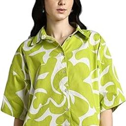Green Printed Spread Collar Half Sleeves Oversized Shirt-29