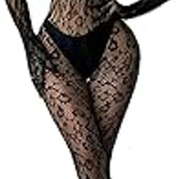 Floral Lace Bodystocking, Long Sleeve Mock Neck, Full Length, Black-image-75
