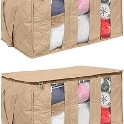 Pretty Krafts Pack of 2 Non Woven Moisture Proof Underbed Cloth Storage Organizer with Zipper Lock & Handles | Wardrobe Organizer for Cloth Saree Quilt Blanket Toy Storage Bag (60x37x32cm, Beige)-26