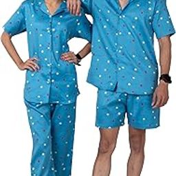 Couples Co ord Set | Fancy Cotton Co-ord set for Men & Women | Design: Small Flowers, Color: Blue-image-45