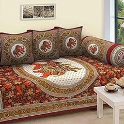 Dkenterprise Pure Cotton Jaipuri Diwan Set (Combo Pack of 6) Included with 1 Single Bedsheet (60x90 in) | 2 Booster Cover (16x32 in) | 3 Cushion Cover (16x16 in) | Multicolor12-image-88