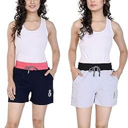 Women's Cotton Dark Blue, Pink & Grey, Black Night Shorts (Pack of 2)-image-33
