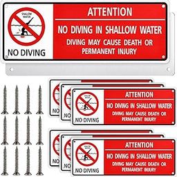 Otoolling 6 Pcs Aluminum No Diving Pool Sign Reflective Aluminum No Diving Shallow Water Warning Caution Signs Pool Safety Signage for Swimming Indoor Outdoor, 3 x 10 Inch-image-5