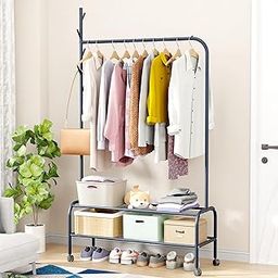 Lukzer|MGR-006|Deep Sea| Multipurpose Single Pole Metal Garment Rack with Wheels & 2 Bottom Shelves – Movable Clothes Stand & Storage Organizer for Bedroom, Hallway, Entryway & More | 34 x 90 x 173 cm-image-89