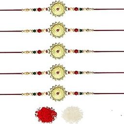 Elegant Round Shape Rakhi with Roli and Chawal for Brother – Traditional Floral Motif Rakhi with Green & Red Beads – Raksha Bandhan Special Thread with Decorative Centerpiece (Pack of 5)-39