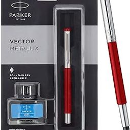 Parker Vector Mettalix Fountain Pen with 1 Quink Ink Bottle | Red Body with Chrome Trim | Quick-Drying Ink | Refillable Fine Nib Pen – Smooth Writing for Office, School, or Gifting-image-3