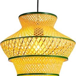 Bamboo Pendant Light, Woven Lattice Design, 40 cm x 30 cm, Green Trim, Traditional Asian Style-image-11