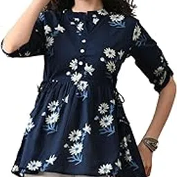 murli kurti Women's 100% Cotton Floral Printed Tunic Top with Drawstring Waist | Button-Front Short Kurti Shirt | Regular Fit Casual & Ethnic Office Wear | Stylish Cotton Top for Women & Girls-picture-22