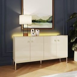 The DIQSHCET Modern 4-Door Sideboard - Black with Gold Metal Base, Elegant Storage for Living Room, Dining Room, or Entryway Decor (White)-image-25