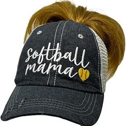 Softball Mama Hat Softball Mom Messy Bun High Ponytail Hat 329 Grey-image-48