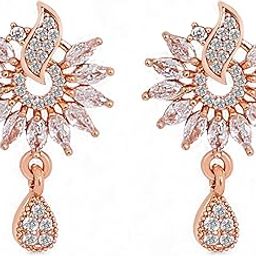 Rose Gold, Cubic Zirconia Floral Drop Design Stud Earrings for Women & Girls |Gift for women & girl-image-34