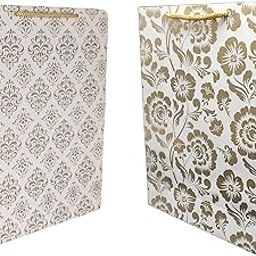 Gold Flower and Gold Mandaram Printed Assorted Design Paper Carry Bags | Gift Bags for Return gifts, Birthday and presents (28 * 20 * 7.5 CM) (Pack of 10)-2