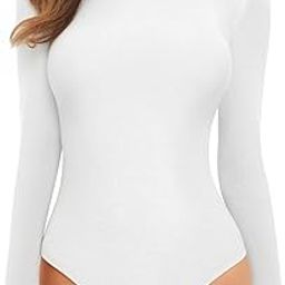 Long Sleeve Bodysuits for Women Mock Turtle Neck Ribbed Body Suit Tops, White, Small-image-19