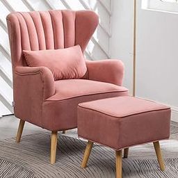 Dime Store Luxury Wingback Chair with Footstool Upholstered Armchair Set with Solid Wood Frame, Tufted Backrest & Cushioned Seat – Classic Accent Chair for Living Room, Bedroom, Office (Pink)-image-50
