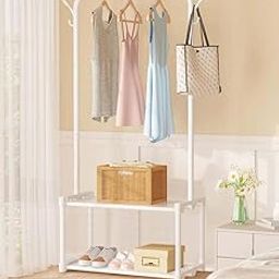 Lukzer Metal Garment Stand/Cloth Stand with 2 Bottom Stylish Design Shelves Multipurpose Display Standing Rack Unit (White/145 x 35 x 54 cm)-picture-24