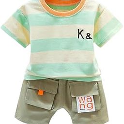 Boys Cotton And Polyester Stripe Print T-shirt And Shorts Set in Green Color-image-4