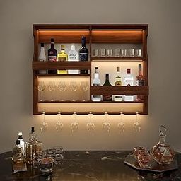 NV HOME DECOR Wooden Wall Mounted Wine Rack, Bar Cabinet with Glass Storage, Wall Hanging Mini Bar Reverse Glass Hanging Organizer for Home Wine Rack/Holder Size 30 x 24 Inch (Rose Wood (Natural)-image-66