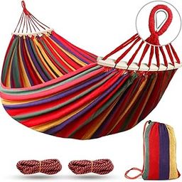 Single Camping Hammock, Durable Canvas Fabric with Two Anti Roll Balance Beam and Sturdy Metal Knot Tree Straps for Backpacking, Travel, Beach, Backyard etc. (Red)-image-61