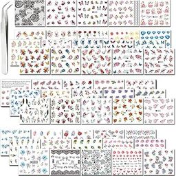 Synaty 50 Pcs Art Stickers Plus Tweezer, Easy DIY Water Transfer Nail Decals Decoration (Style 1, Paper), 6 Cm X 5 Cms-20