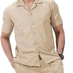 Polyester Blend Peppy Pair Embossed Half Sleeves Shirt & Shorts Co-Ord Set | Casual Summer Lounge | Cuban Collared Shirt with Shorts Set - Beige-picture-28