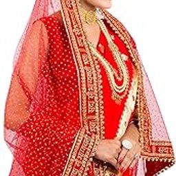 Red,Pink,Cream Women Heavy Bridal Dupatta for Wedding - Chunari With Velvet Lace For Bride Addition to Your Net Red, Pink Lehenga Saree Only I-26