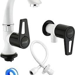 Monit Swan Neck Basin Tap and Angle Cocke for Bathroom White and Black PTMT Heavy Duty Connection Pipe, Modern Single Handle Design, Pillar Cock, wash basing tap, with teflone tap (White- Black Dual)-picture-29