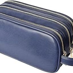 SAL-Tp-150 Urban Pouch Genuine Leather Travel Organizer with 3 Compartments, Gold Metal Zippers, Multi-Pocket Storage, Rounded Handle, Durable, Luxury Design for Work & Accessories, Blue-image-6