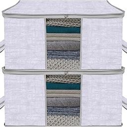 Kuber Industries Underbed Storage Bag | Clothes Storage Organizer | Clear Window Blanket Cover with Handle | Jute Printed-Design | Large | Pack of 2 | Gray-0
