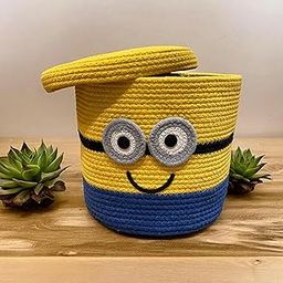 Jamal Store Jute Cotton Stripped Laundry Basket Handcrafted Woven Storage Rope Basket For Home Decore Multi Purpose With Lids For Living Room Office And Kitchen Size 10x10 inch (MINION)-14