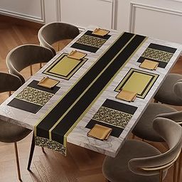 Stoa Paris Dining Table Runner 6 Seater, 1 Satin Table Runner, 6 Satin Placemats, 6 Cotton Napkins, Home, Family Dinning, Cafe, Hotel, Machine Washable, Truffle Elegance - Black, Gold-image-8