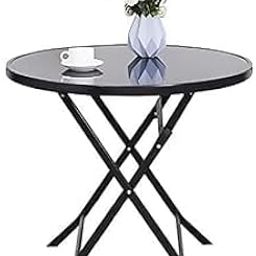 GNOLY Outdoor Patio Round Side Dining Table, Tempered Glass Top Black Metal Frame | Folding Table Home Office Modern Glass & Metal Folding Round | Saving and Folding Outdoor Dining Table (1Pcs)-image-18