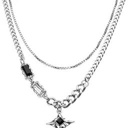 Men's Silver Plated Zirconia Baguette Double Layered Star Pendant Necklace-image-39