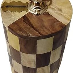DOLPHIN CRAFTS Handcrafted Wooden Money Bank, Cylindrical Design with Checkered Pattern, Brown and Beige-image-1