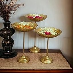 Divine Quest Lotus Urli Stand Set of 3, Golden,Bowl Size - 8Inches / Design Magnifique Set of 3 Urli Bowl tealight Holder Stand Diwali Home puja Decor (Taj Stand Set),Iron [ Gold ]-image-30